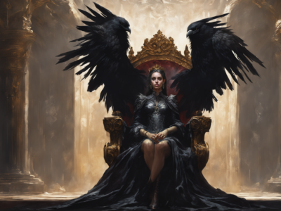 Morgan, the Raven Queen of Or'sen, sitting on a throne. Two giant ravens appear as wings behind her.
